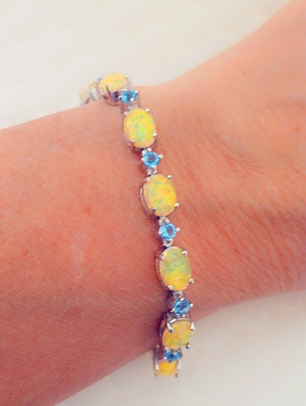 925 Sterling Silver Opal & Topaz Tennis Bracelet